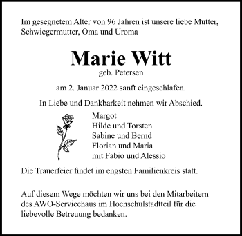Traueranzeige von Marie Witt von Lübecker Nachrichten