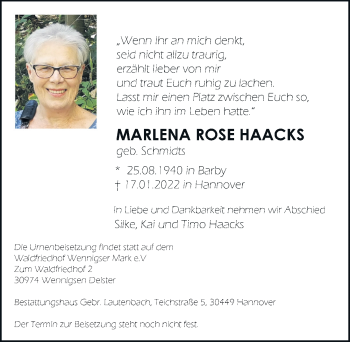 Traueranzeige von Marlena Rose Haaks von Hannoversche Allgemeine Zeitung/Neue Presse