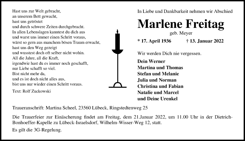  Traueranzeige für Marlene Freitag vom 19.01.2022 aus Lübecker Nachrichten