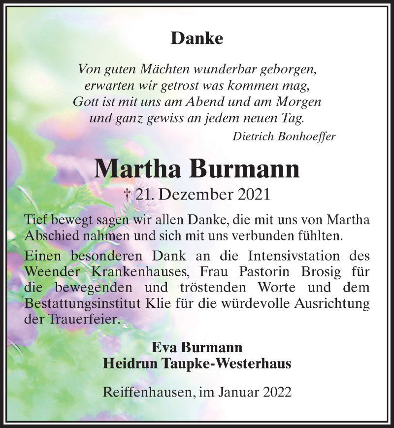  Traueranzeige für Martha Burmann vom 22.01.2022 aus Göttinger Tageblatt