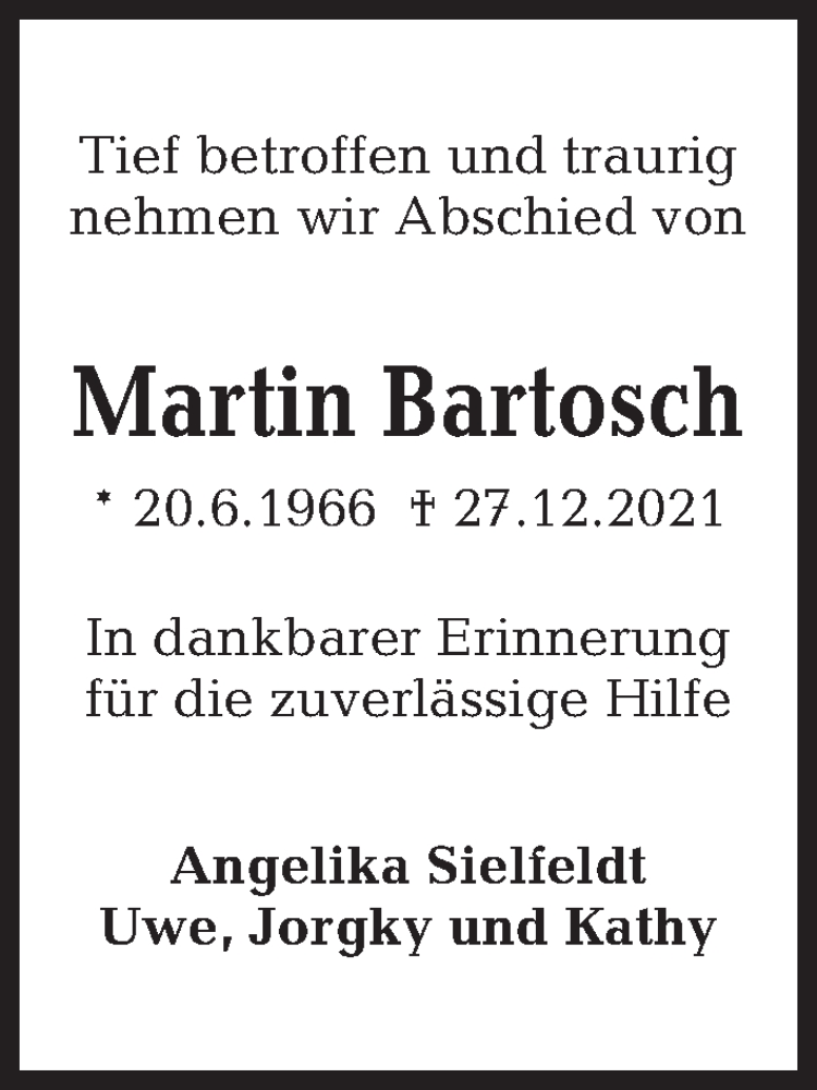  Traueranzeige für Martin Bartosch vom 15.01.2022 aus Kieler Nachrichten