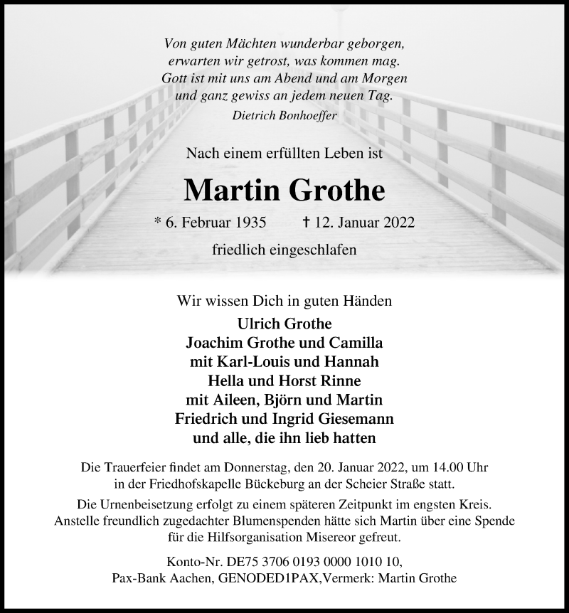  Traueranzeige für Martin Grothe vom 15.01.2022 aus Schaumburger Nachrichten