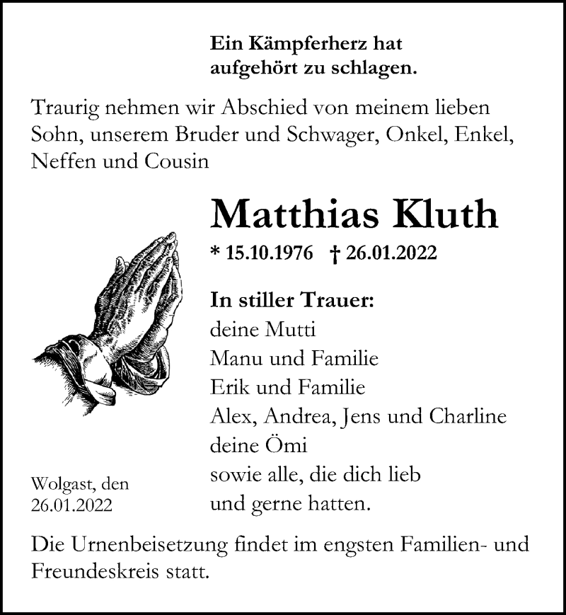  Traueranzeige für Matthias Kluth vom 29.01.2022 aus Ostsee-Zeitung GmbH