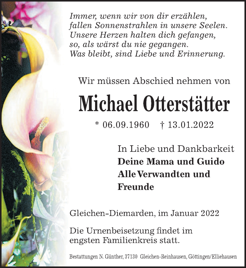  Traueranzeige für Michael Otterstätter vom 22.01.2022 aus Göttinger Tageblatt