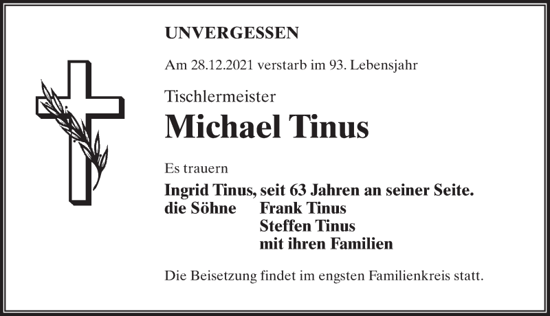  Traueranzeige für Michael Tinus vom 31.12.2021 aus Märkischen Allgemeine Zeitung