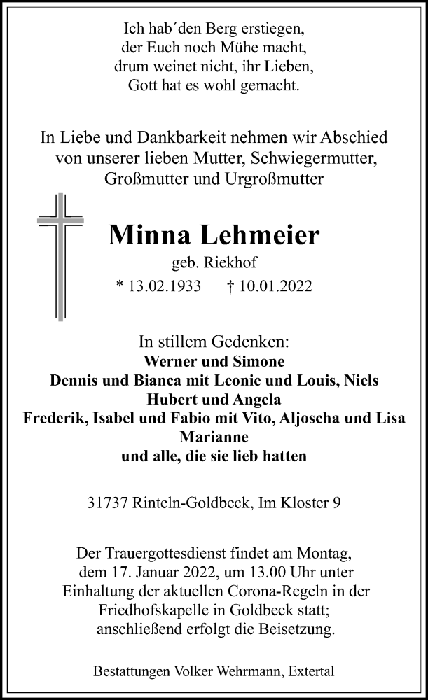  Traueranzeige für Minna Lehmeier vom 14.01.2022 aus Schaumburger Nachrichten