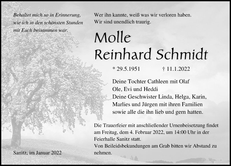  Traueranzeige für Molle Reinhard Schmidt vom 22.01.2022 aus Ostsee-Zeitung GmbH