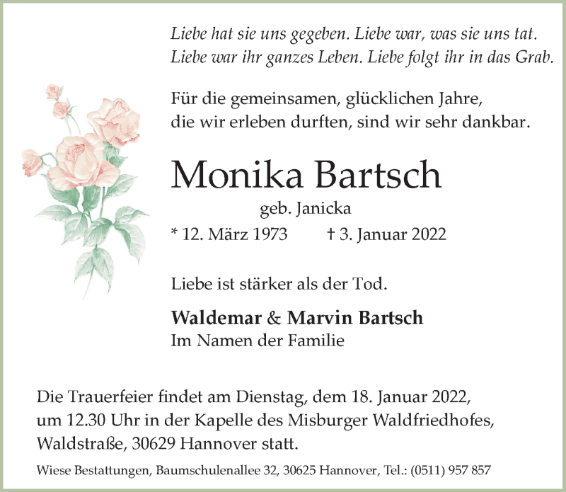  Traueranzeige für Monika Bartsch vom 15.01.2022 aus Hannoversche Allgemeine Zeitung/Neue Presse