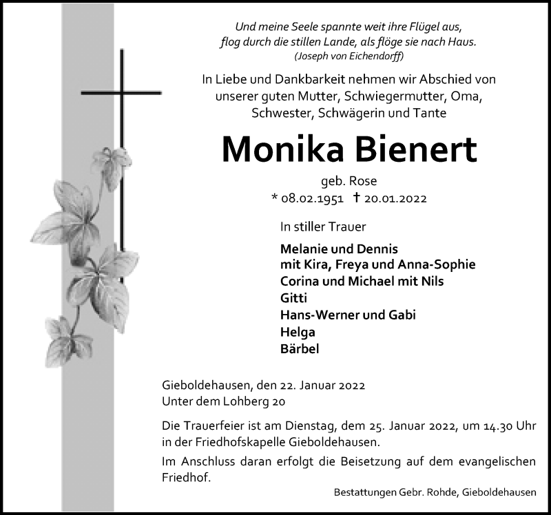  Traueranzeige für Monika Bienert vom 22.01.2022 aus Eichsfelder Tageblatt
