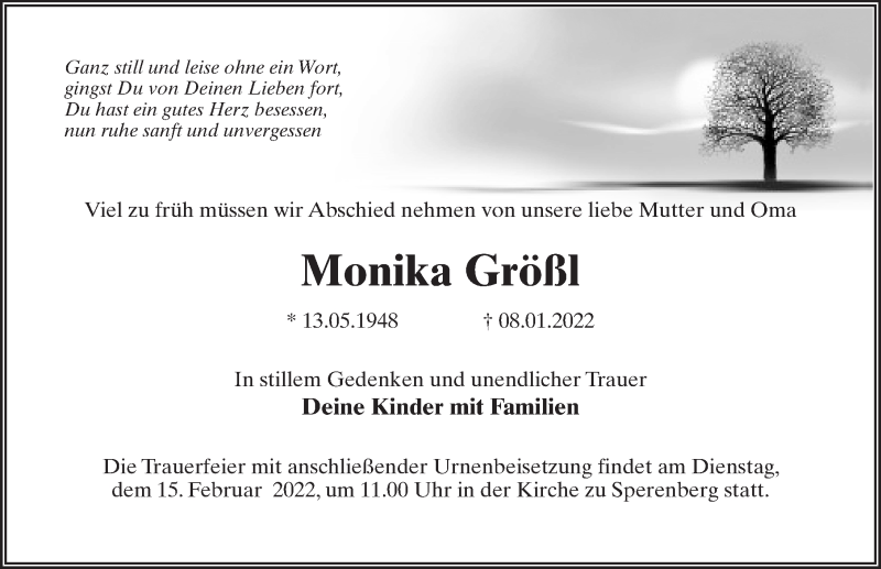  Traueranzeige für Monika Größl vom 22.01.2022 aus Märkischen Allgemeine Zeitung