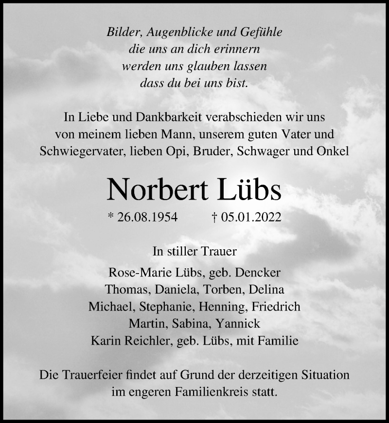  Traueranzeige für Norbert Lübs vom 08.01.2022 aus Ostsee-Zeitung GmbH