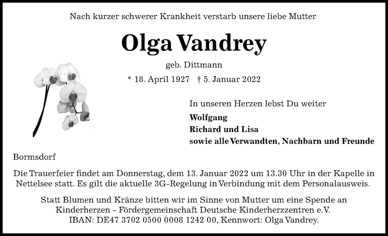  Traueranzeige für Olga Vandrey vom 08.01.2022 aus Kieler Nachrichten
