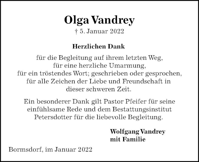  Traueranzeige für Olga Vandrey vom 22.01.2022 aus Kieler Nachrichten