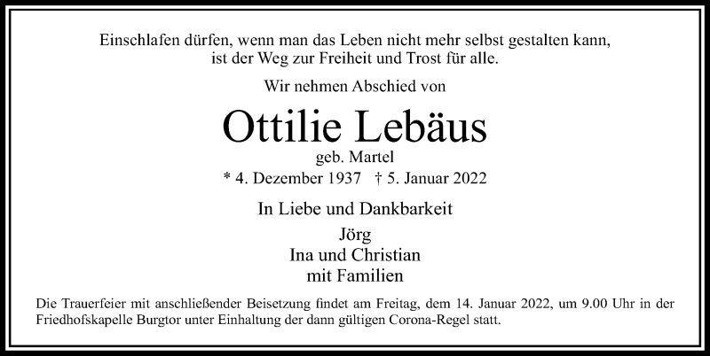  Traueranzeige für Ottilie Lebäus vom 09.01.2022 aus Lübecker Nachrichten