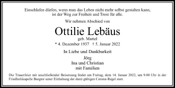 Traueranzeige von Ottilie Lebäus von Lübecker Nachrichten