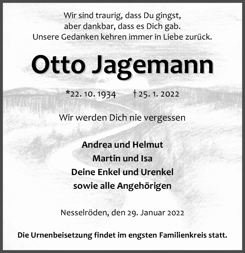  Traueranzeige für Otto Jagemann vom 29.01.2022 aus Eichsfelder Tageblatt