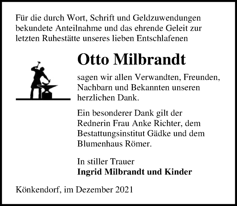  Traueranzeige für Otto Milbrandt vom 08.01.2022 aus Märkischen Allgemeine Zeitung