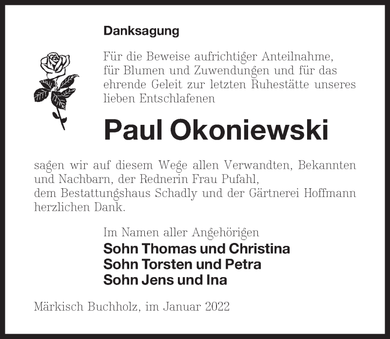  Traueranzeige für Paul Okoniewski vom 08.01.2022 aus Märkischen Allgemeine Zeitung