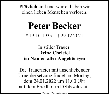 Traueranzeige von Peter Becker von Leipziger Volkszeitung