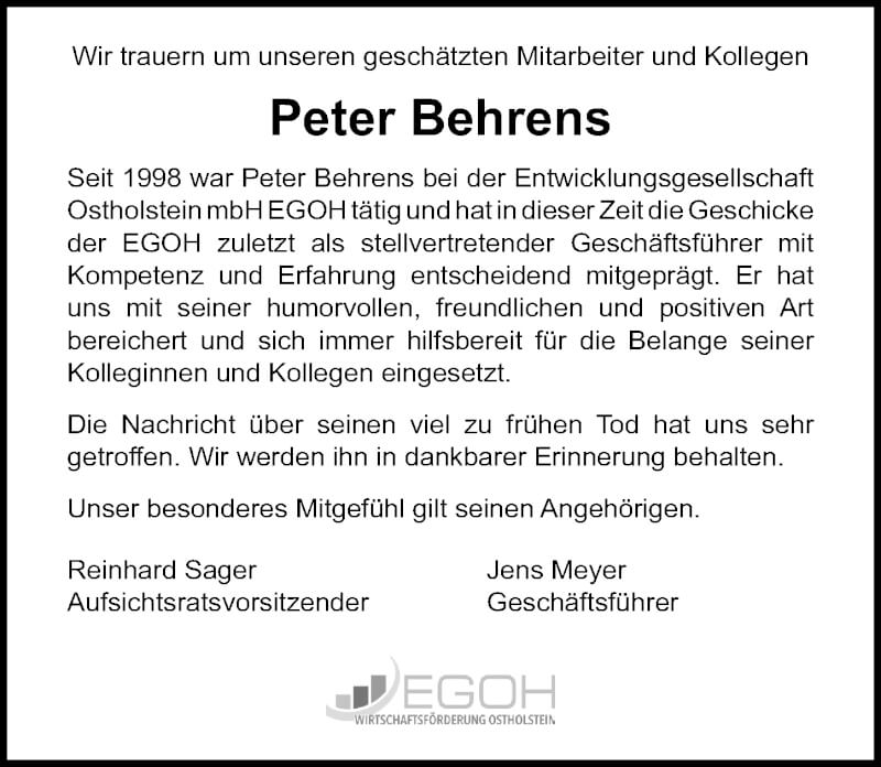  Traueranzeige für Peter Behrens vom 22.01.2022 aus Lübecker Nachrichten