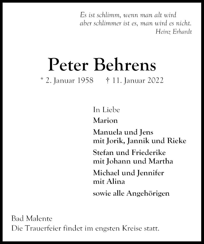  Traueranzeige für Peter Behrens vom 22.01.2022 aus Lübecker Nachrichten