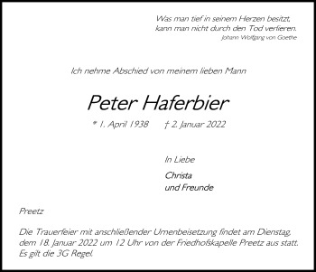 Traueranzeige von Peter Haferbier von Kieler Nachrichten