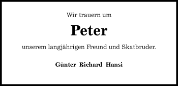 Traueranzeige von Peter Haferbier von Kieler Nachrichten