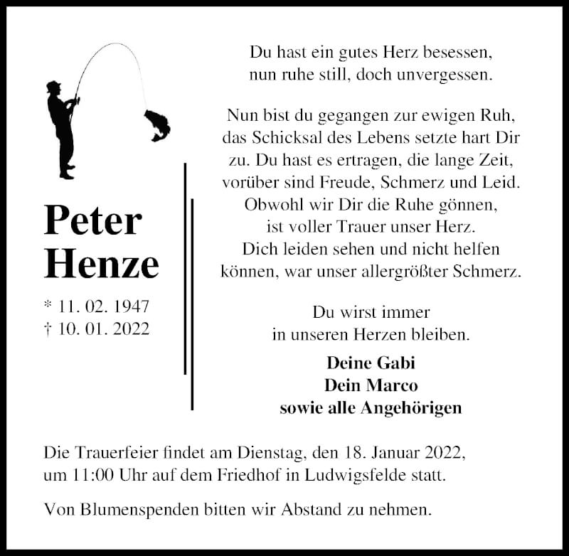  Traueranzeige für Peter Henze vom 15.01.2022 aus Märkischen Allgemeine Zeitung