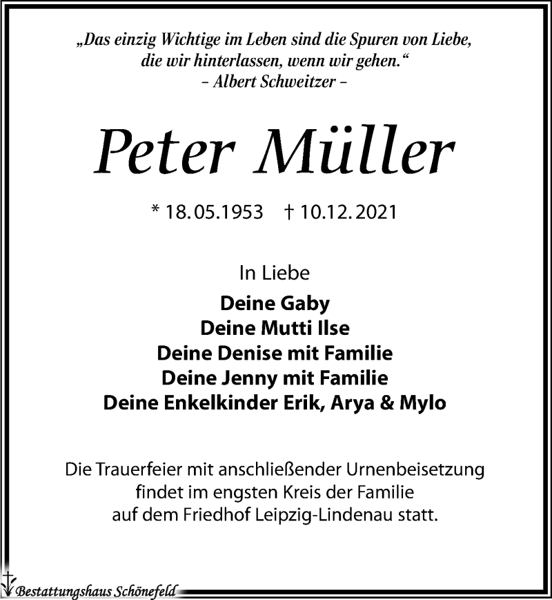  Traueranzeige für Peter Müller vom 08.01.2022 aus Leipziger Volkszeitung