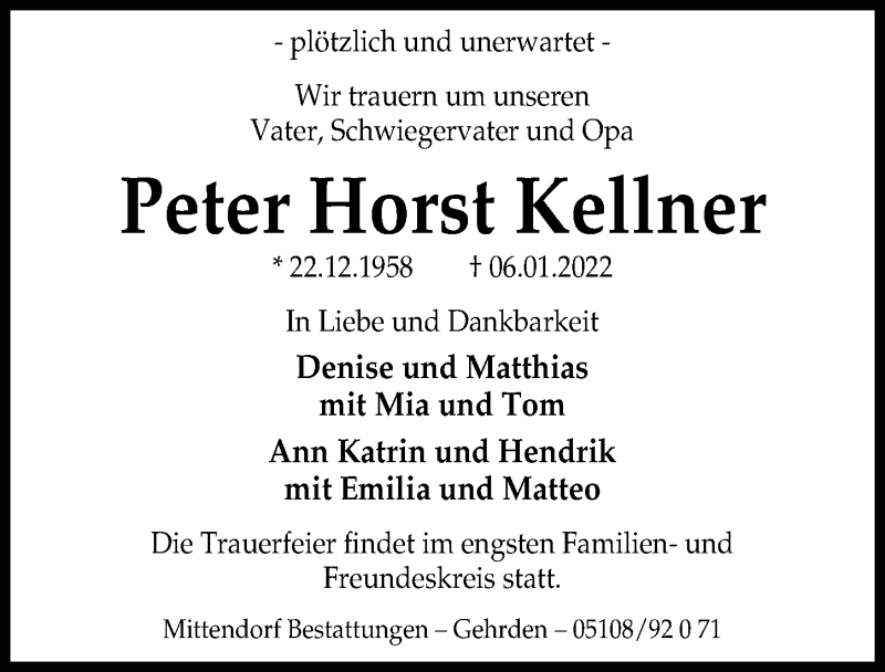  Traueranzeige für Peter Horst Kellner vom 12.01.2022 aus Hannoversche Allgemeine Zeitung/Neue Presse