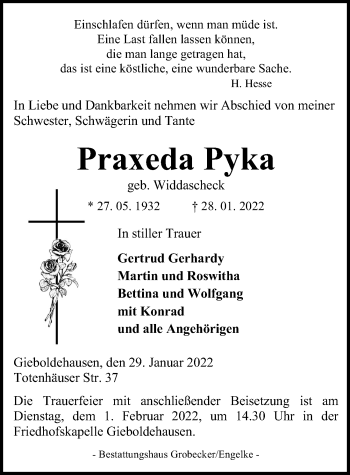 Traueranzeige von Praxeda Pyka von Eichsfelder Tageblatt