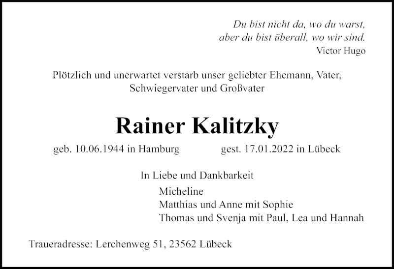 Traueranzeige für Rainer Kalitzky vom 23.01.2022 aus Lübecker Nachrichten