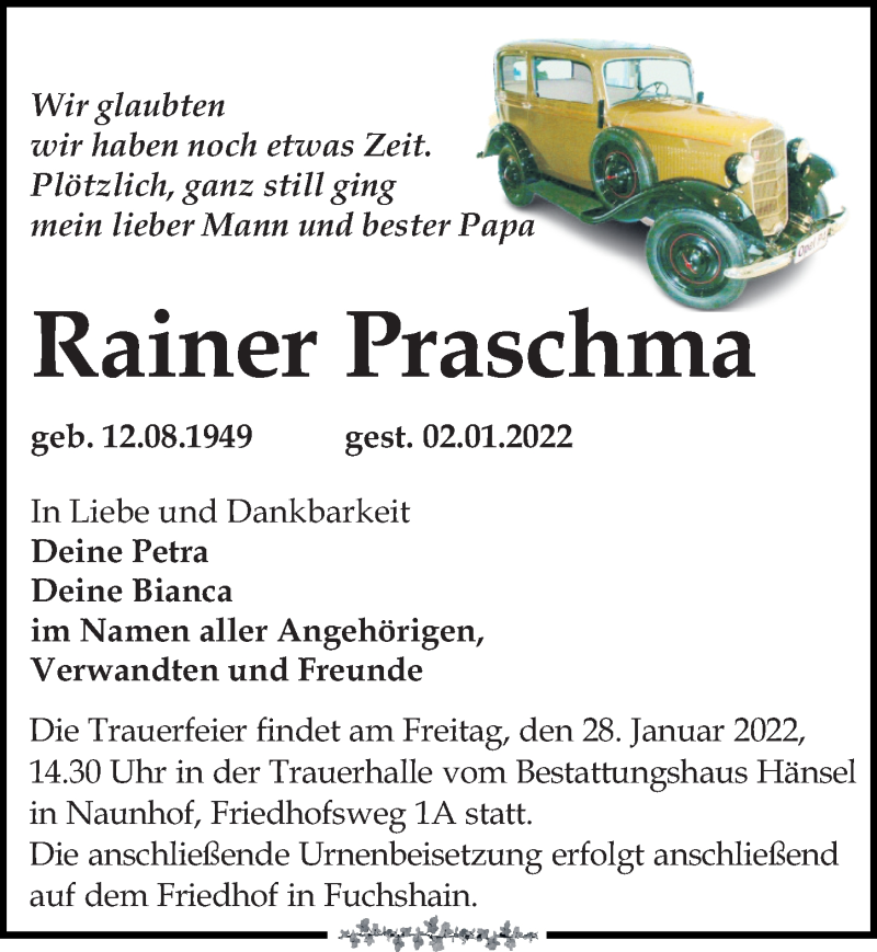  Traueranzeige für Rainer Praschma vom 22.01.2022 aus Leipziger Volkszeitung