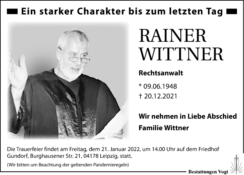  Traueranzeige für Rainer Wittner vom 08.01.2022 aus Leipziger Volkszeitung