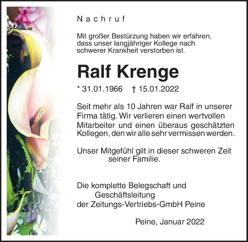  Traueranzeige für Ralf Krenge vom 29.01.2022 aus Peiner Allgemeine Zeitung