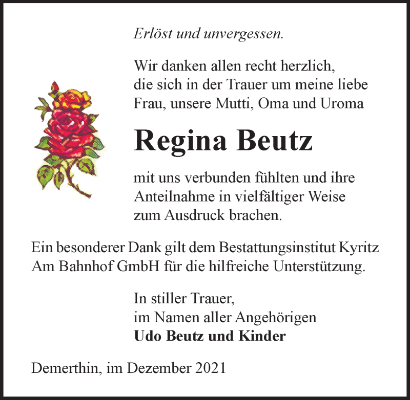  Traueranzeige für Regina Beutz vom 30.12.2021 aus Märkischen Allgemeine Zeitung