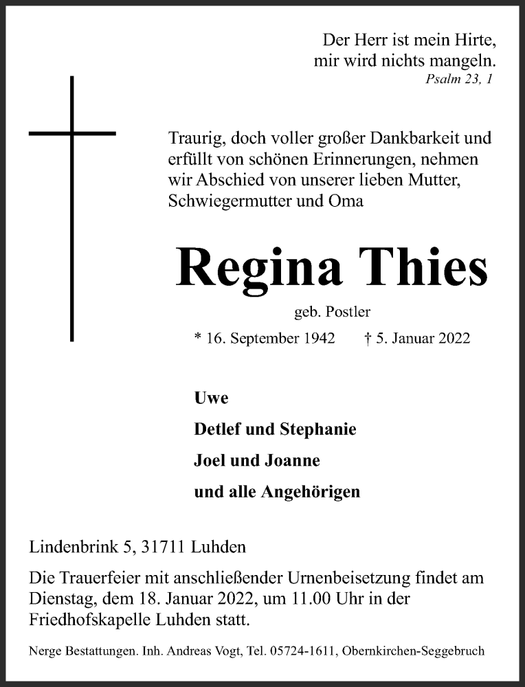  Traueranzeige für Regina Thies vom 12.01.2022 aus Schaumburger Nachrichten