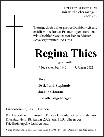 Traueranzeige von Regina Thies von Schaumburger Nachrichten