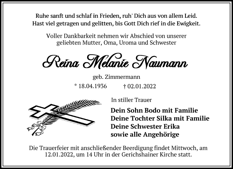  Traueranzeige für Reina Melanie Naumann vom 08.01.2022 aus Leipziger Volkszeitung