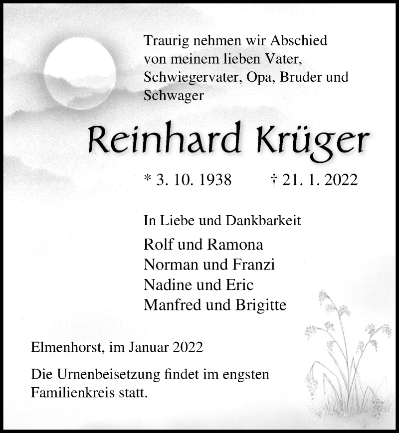  Traueranzeige für Reinhard Krüger vom 26.01.2022 aus Ostsee-Zeitung GmbH