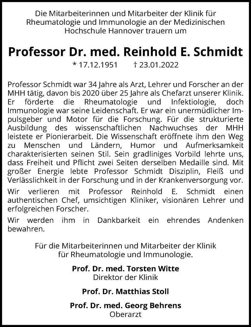  Traueranzeige für Reinhold E. Schmidt vom 29.01.2022 aus Hannoversche Allgemeine Zeitung/Neue Presse