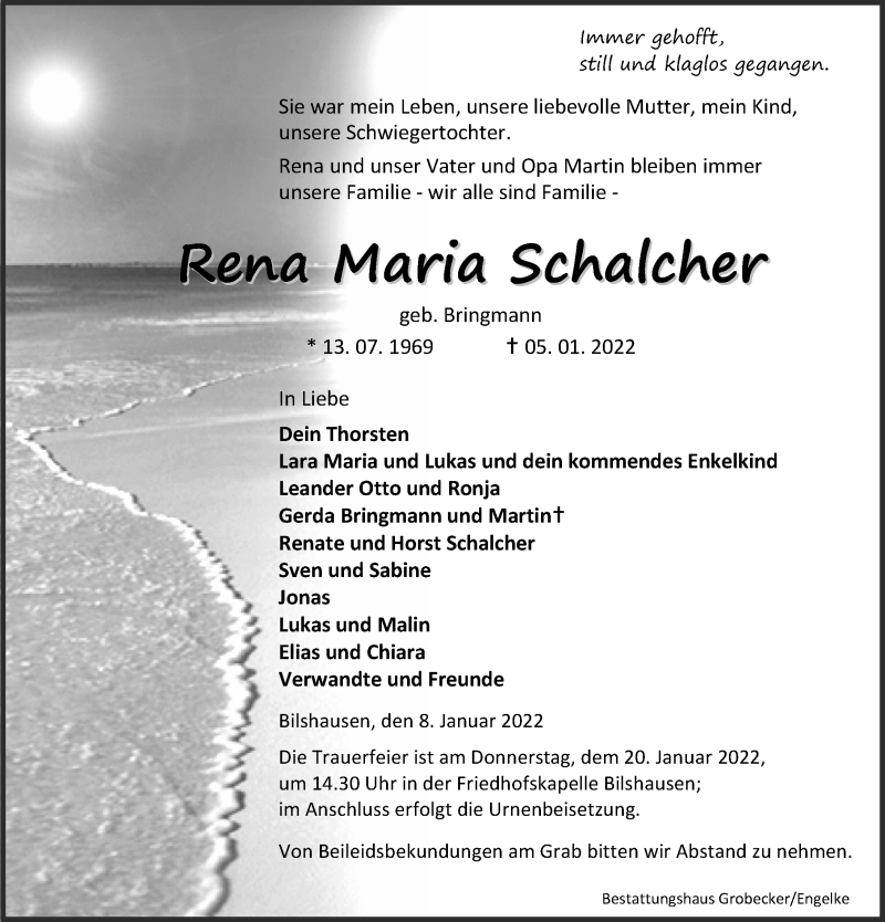  Traueranzeige für Rena Maria Schalcher vom 08.01.2022 aus Eichsfelder Tageblatt
