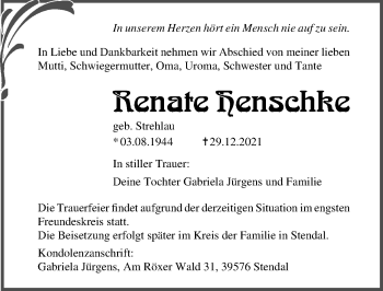 Traueranzeige von Renate Henschke von Ostsee-Zeitung GmbH