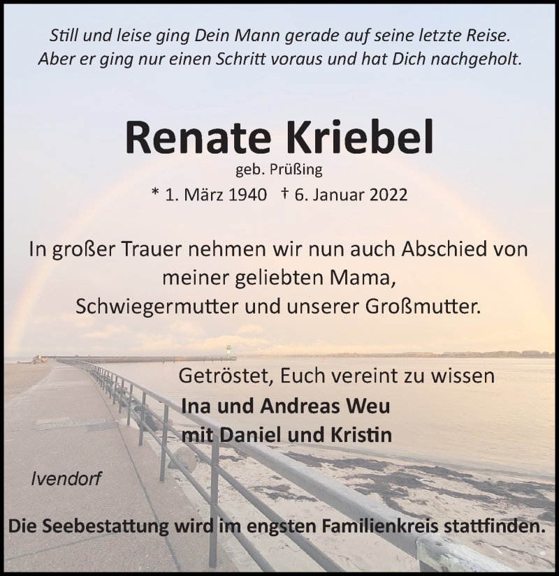  Traueranzeige für Renate Kriebel vom 16.01.2022 aus Lübecker Nachrichten