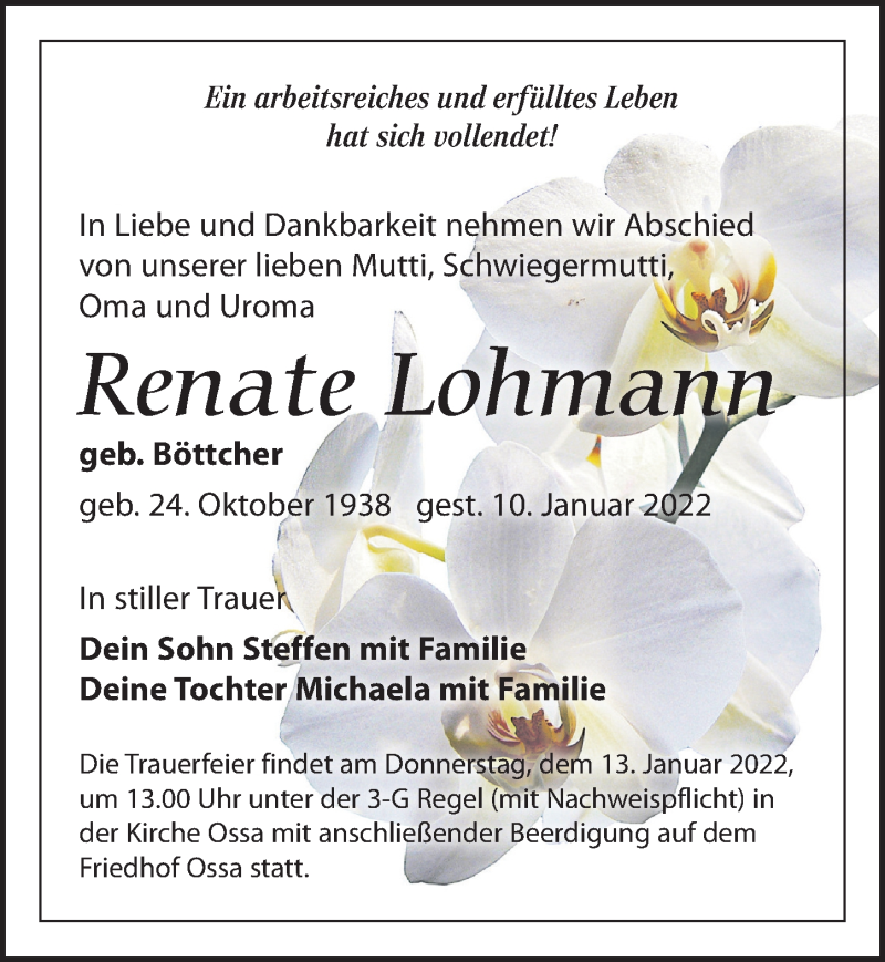  Traueranzeige für Renate Lohmann vom 13.01.2022 aus Leipziger Volkszeitung