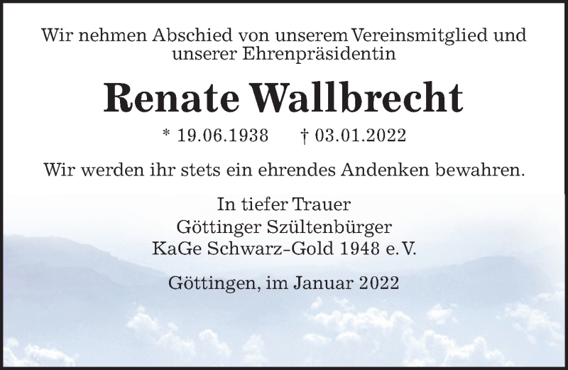  Traueranzeige für Renate Wallbrecht vom 08.01.2022 aus Göttinger Tageblatt