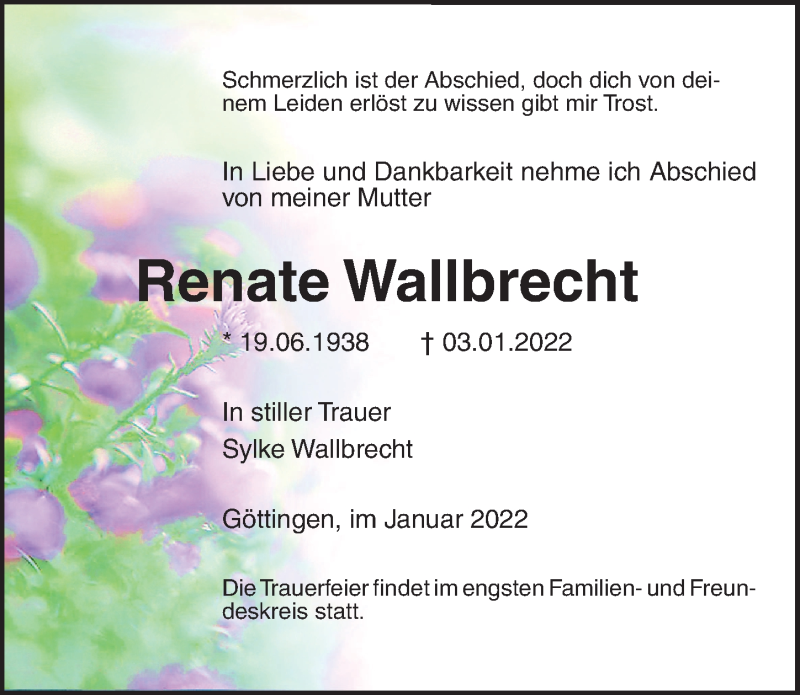  Traueranzeige für Renate Wallbrecht vom 08.01.2022 aus Göttinger Tageblatt