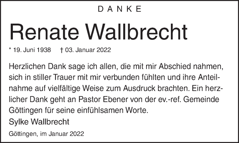  Traueranzeige für Renate Wallbrecht vom 15.01.2022 aus Göttinger Tageblatt