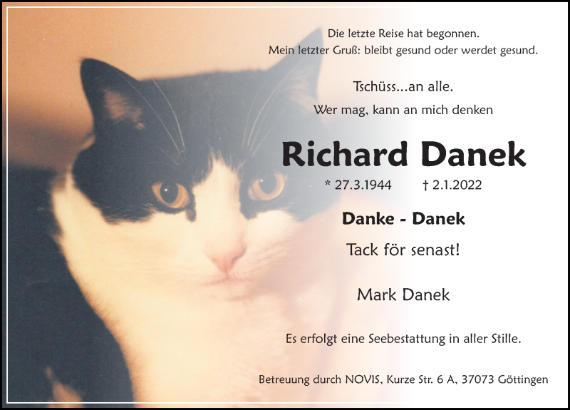  Traueranzeige für Richard Danek vom 08.01.2022 aus Göttinger Tageblatt