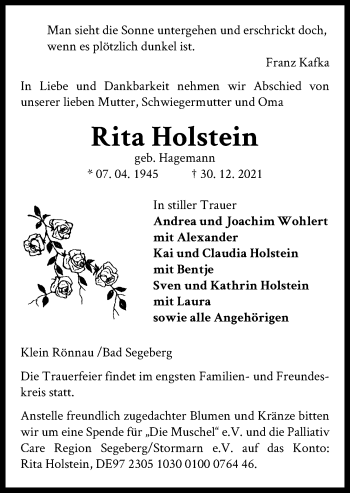 Traueranzeige von Rita Holstein von Kieler Nachrichten